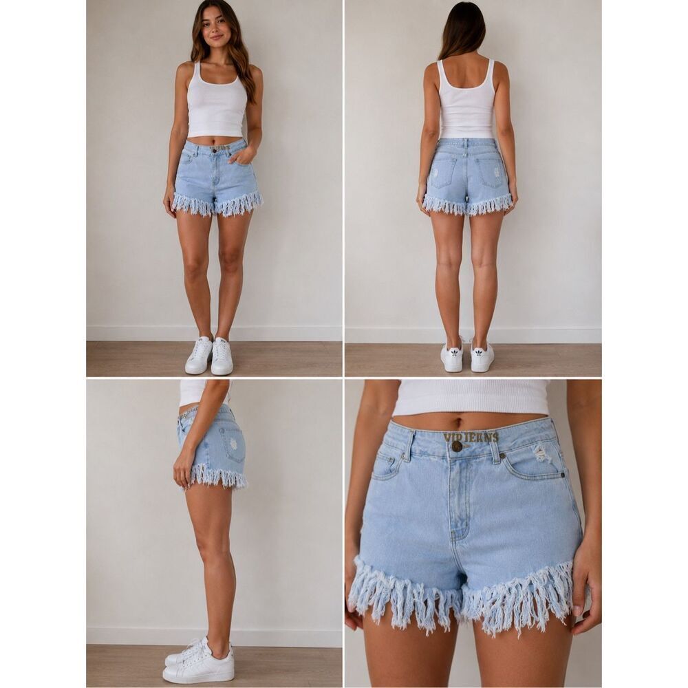 VIP Jeans Light Wash Fringe Hem Denim Shorts Size 13/14 J High Rise Distressed